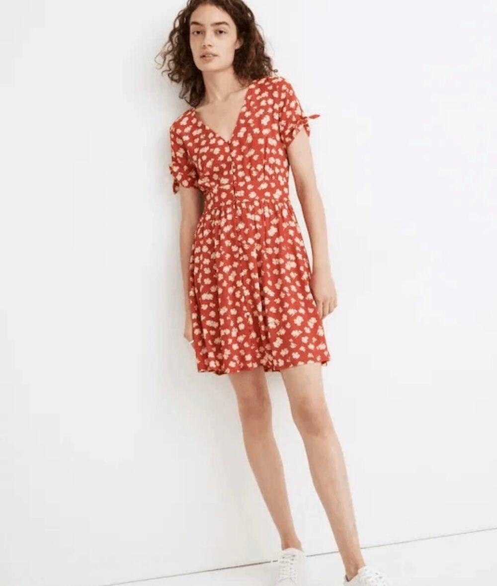 Madewell Size 14 Red Floral Button Front Mini Dress Tie Sleeve V Neck